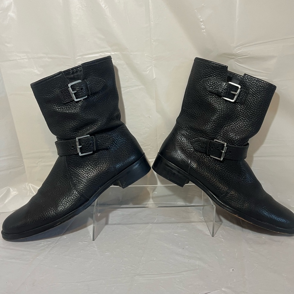 J Crew black leather buckle strap moto biker boots women's 10